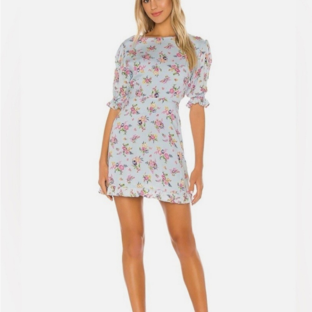 Faithfull the Brand Pink and Blue Florence Mini Dress in Juliette Blue Floral